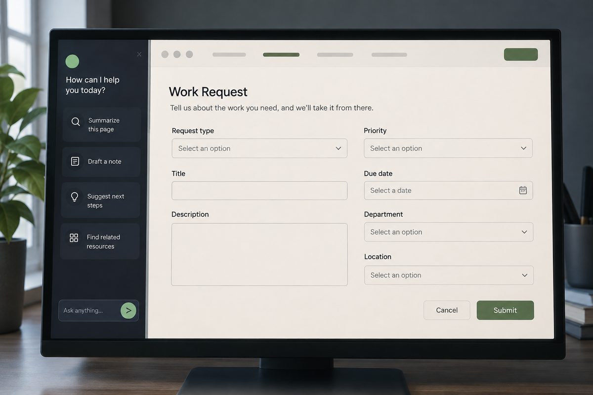 Illustrative browser assistant panel beside a website work form.