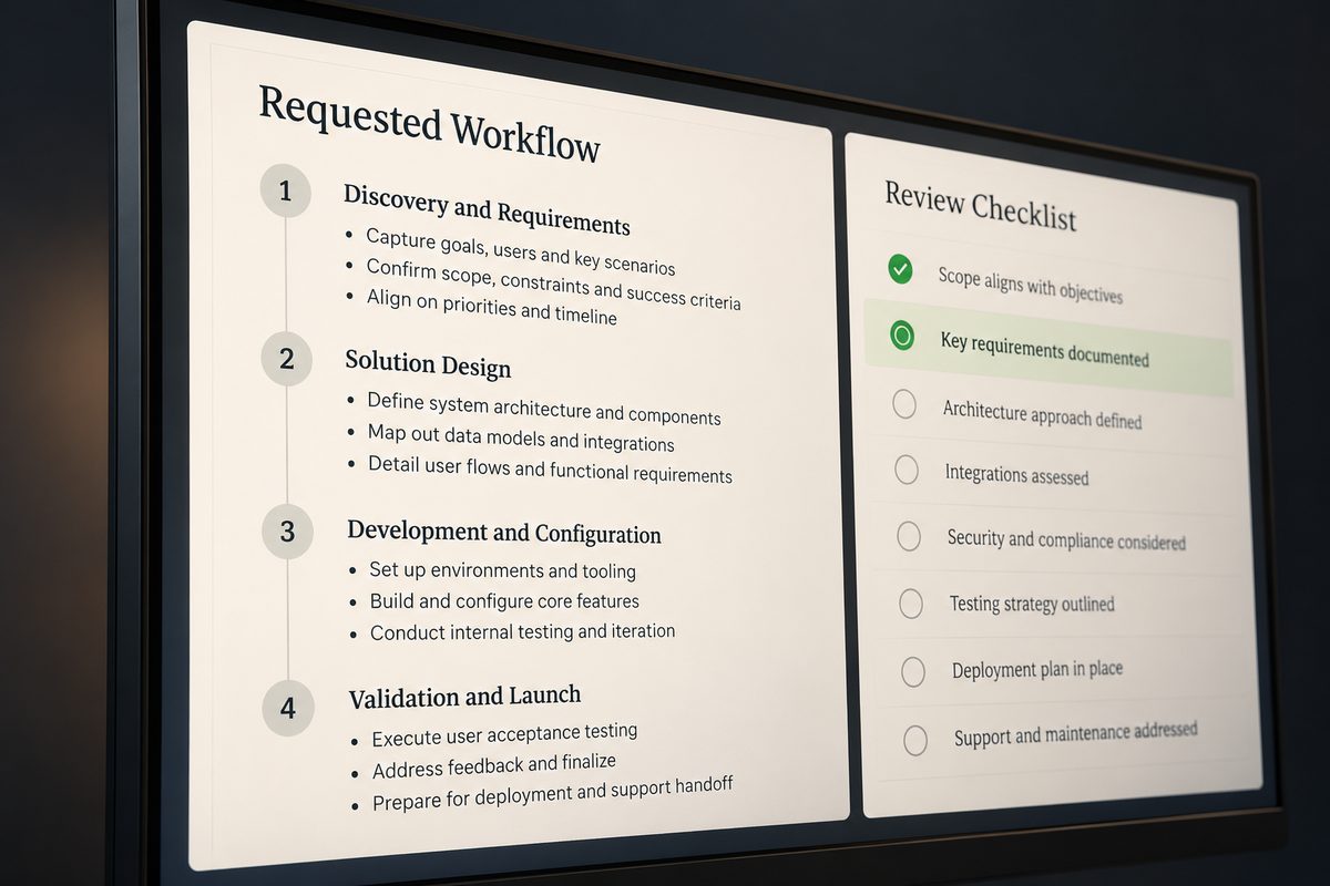 Illustrative requested workflow beside an on-screen scope review checklist.