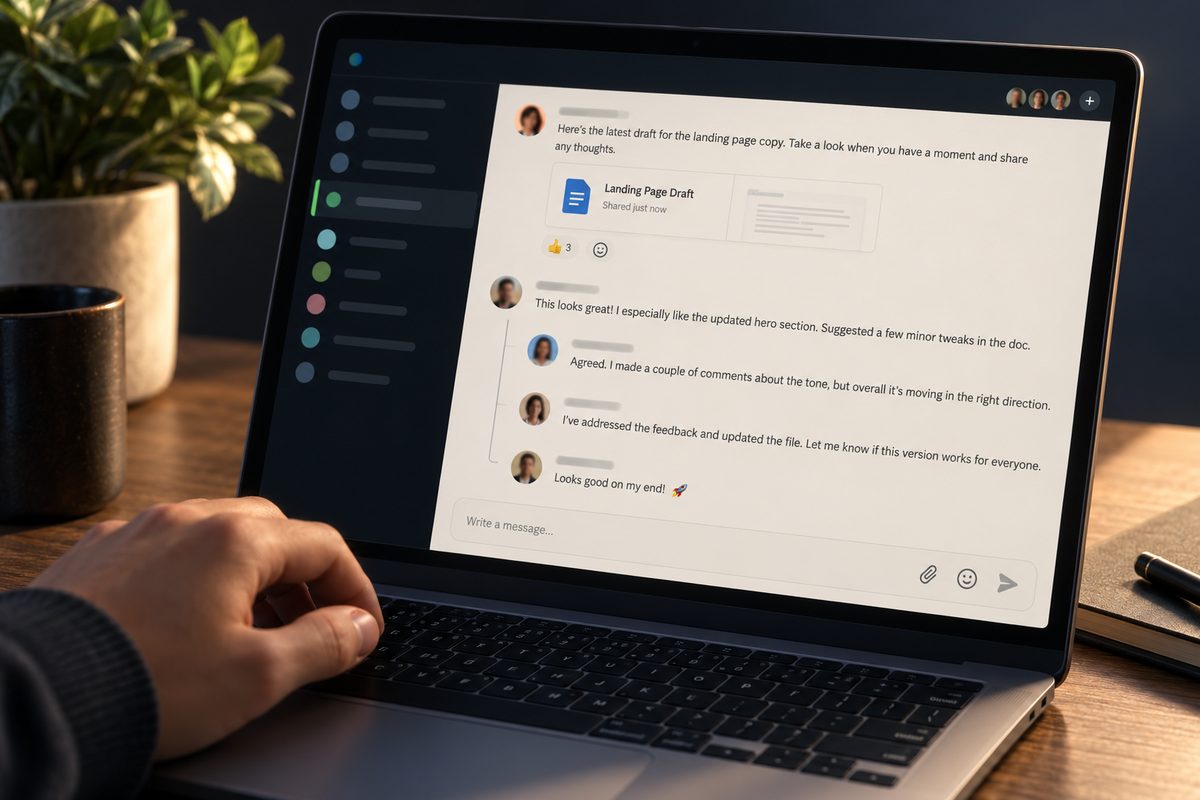 Illustrative task conversation with a working-document attachment in the thread.